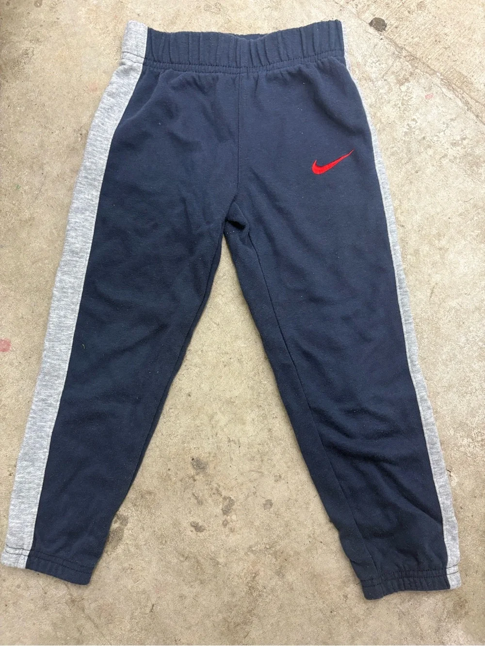 Nike Boys Size 5 Fleece Sweatpants Blue/Gray Side Stripe Red Swoosh Pull-On